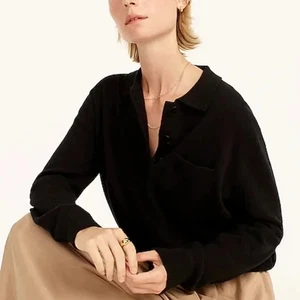 J.Crew Womens XL 100% Cashmere Soft Black 3/4 Button Collared Sweater - Picture 1 of 12