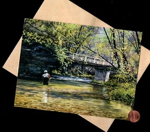 HTF Man Fishing Stream Fishing Pole Bridge Trees Blank - Greeting Card - Picture 1 of 4