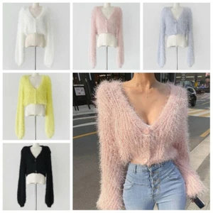 Lady Cropped Knitted Sweater Top Soft Cardigan V-neck Button Solid Fluffy Winter - Picture 1 of 17