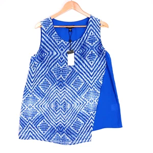 NEW Maggie T Tank Top Size 14 Royal Blue Crepe Chiffon Blouse Tunic Patterned - Picture 1 of 9