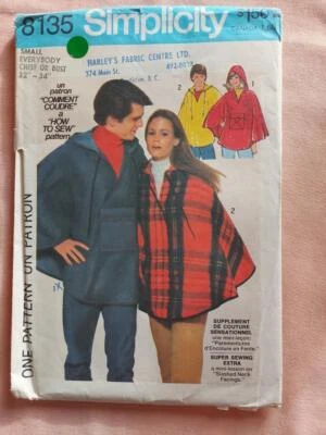 Simplicity 8135  Every-Body Hooded Poncho Pattern Size S, 32-34 - Image 1 of 2