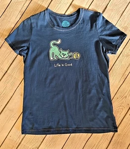 Life Is Good Shirt Womens Small Cat Animal Cute Blue Graphic Crew Neck Tee - Picture 1 of 6