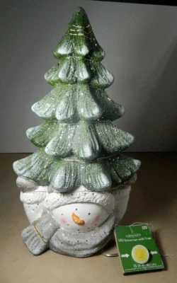 Snowman with Christmas Tree 15"H  Lights Up! Cheerful Snowman 25 LED Lights - Image 1 of 4