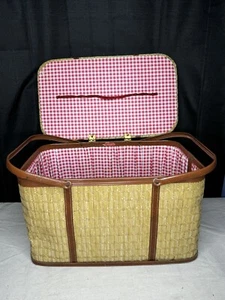 Vintage Redmon Picnic Basket 1960s Wicker Double Metal Handles Hardwood Frame - Picture 1 of 14