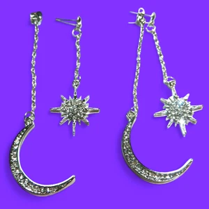Silver Crystal Crescent Moon & Star Burst Chains Celestial Sun Stud Earrings P4 - Picture 1 of 5