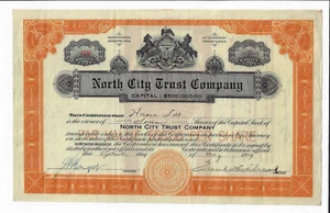 PENNSYLVANIA 1929 North City Trust Company Stock Certificate Philadelphia - Picture 1 of 2
