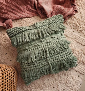 Boho Green Throw Pillow Covers Square 18" Cushion Handmade Cotton Shaggy Sofa - Picture 1 of 4