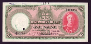FIJI P-20 fS. 1st June 1951 - 1 Pound SPECIMEN. George V Portrait.. UNC - Imagen 1 de 3