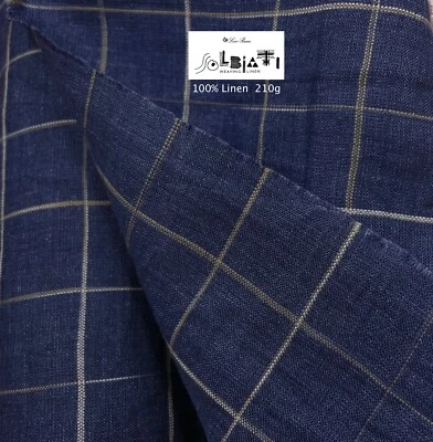 SOLBIATI Navy BLUE Linen Suiting Fabric Beige Windowpane Check Summertime 2.45m - Image 1 of 4