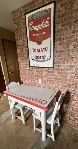 Antique Porcelain Enamel  Table & 2 Chairs w/ Slide Outs Art Deco Red  & White Cover