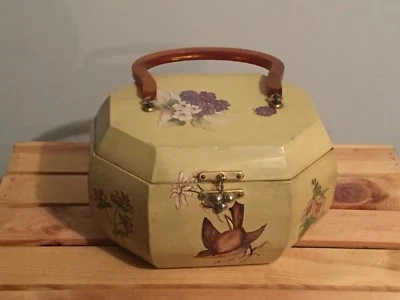 老式八角形木桶盒钱包 Lucite 手柄鸟蘑菇  — 第 1/4 张图片