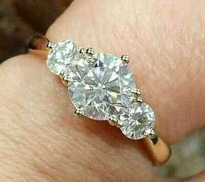 2.00Ct Round VVS1 Moissanite Three Stone Engagement Ring 14K Yellow Gold Plated - Picture 1 of 5