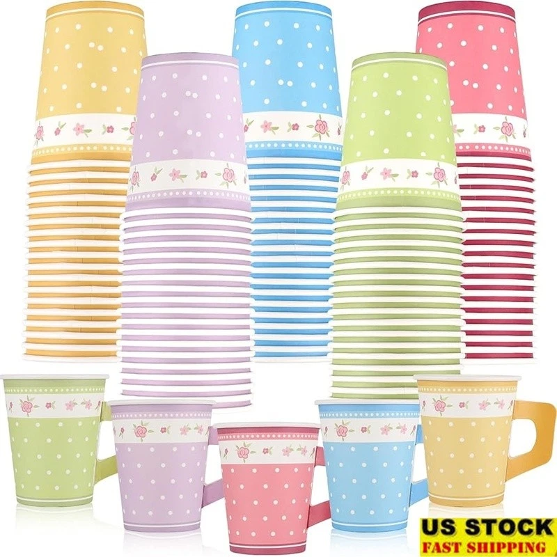 100 цветочных чайных чашек с ручками одноразовые бумажные вечеринки детский душ мероприятия новые - Изображение 1 из 4