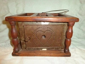 Antique Pennsylvania Early 19th.c Rare Heart Form Punch Tin & Walnut Foot Warmer - Picture 1 of 10
