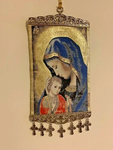 Religious icon banner Tapestry Madonna & Child Pure Cotton with Gold Yarn Wall - Bild 1 von 7