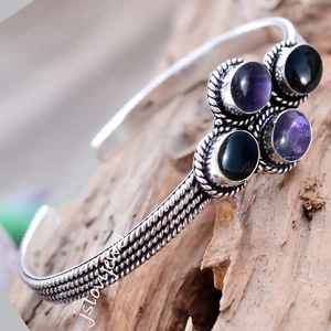 Black Onyx, Amethyst Gemstone Bangle 925 Sterling Silver Bracelet Cuff/D2340 - Picture 1 of 5