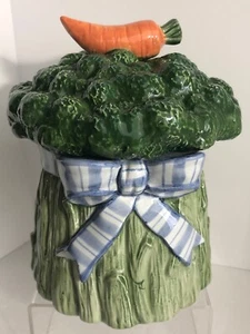 Fitz & Floyd Broccoli Bunch Blue Ribbon Cookie Jar Tea Canister w/ Sealing Lid - Picture 1 of 12