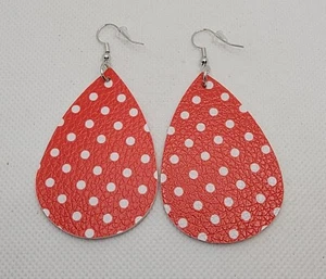 Ladies Red White Polka-Dot Textured Leather Teardrop Earrings - Picture 1 of 7