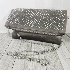 Silber Nieten Strass Doppelfaltung Handtasche Tasche mit Crossbody Kette - Bild 1 von 24