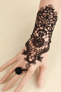 Coppia guanti polsini pizzo mani NERO lace fiore anello trasvestimento gloves - Imagen 1 de 1