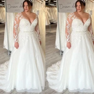 Plus Size Wedding Dresses with Long Sleeves Deep V Neck White Ivory Bridal Gowns - Picture 1 of 9