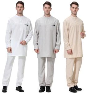 2 Piece Set Saudi Arab Men Robe Jubba Thobe Kaftan Abaya Muslim Thoub Dubai - Picture 1 of 14
