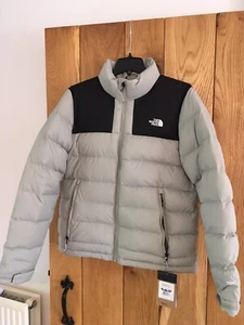 Womens North Face Massif jacket coat Down Puffa Puffer Large L Grey/Green - Picture 1 of 12