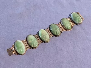Vintage Mexico Sterling Silver Carved Green Stone Mask Link Bracelet (BRST-G) - Foto 1 di 12