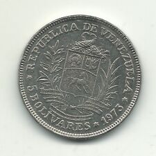 HIGH GRADE AU 1973 VENEZUELA 5 BOLIVARES COIN-DOUBLING OBVERSE EDGES-FEB103