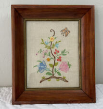 Antique Framed Tapestry Embroidery, Floral, Deep Wood Frame With Glass