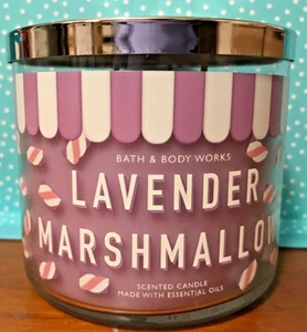 LAVENDER MARSHMALLOW LARGE CANDLE 3 WICK 14.5 OZ BATH BODY WORKS ESS OILS X 1 - Picture 1 of 4