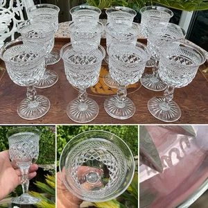 PAIR ANTIQUE WEBB RUSSELL TALL CLARET WINE DIAMOND FACET CUT GLASS SIGNED 6” VGC - Picture 1 of 10