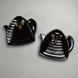 2 Tea Bag Holders Bee Hive Plate Ceramic Eager Beaver Iridescent Brown Vintage - Picture 1 of 6