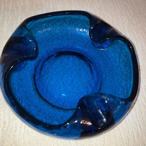 Vintage MCM Cobalt Blue Crackle Glass Viking Ashtray 7”x3” - Picture 1 of 6