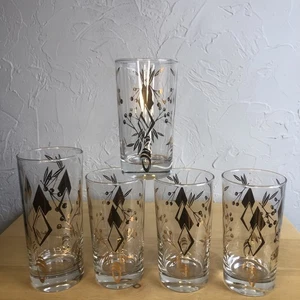 Set of 5 - Vintage MCM Atomic GOLD Diamond & Berries Tumbler Glass - 1 Lg & 4 Sm - Picture 1 of 14