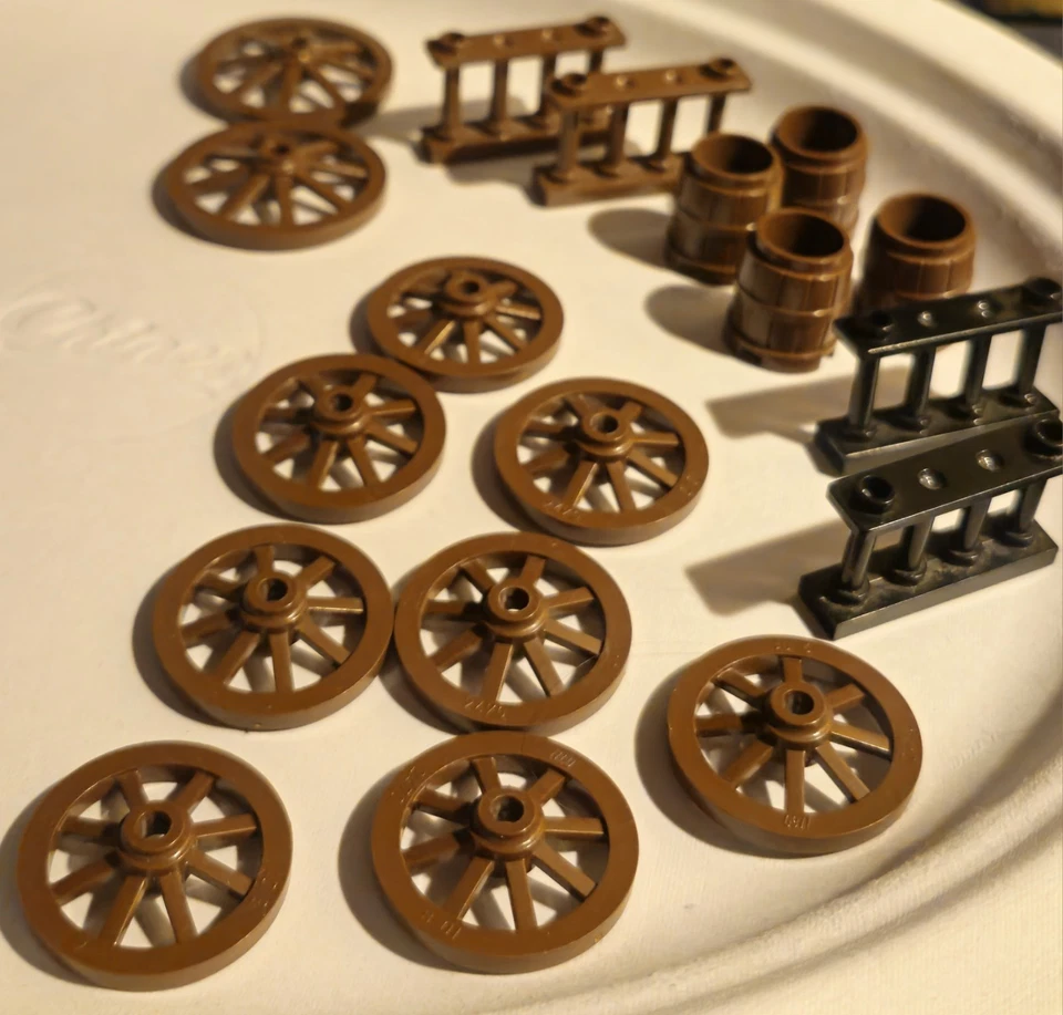 LEGO MARRÓN CAJA BARRILES WESTERN WAGON RUEDAS VALLAS NEGRO Y MARRÓN Foto 1 de 4