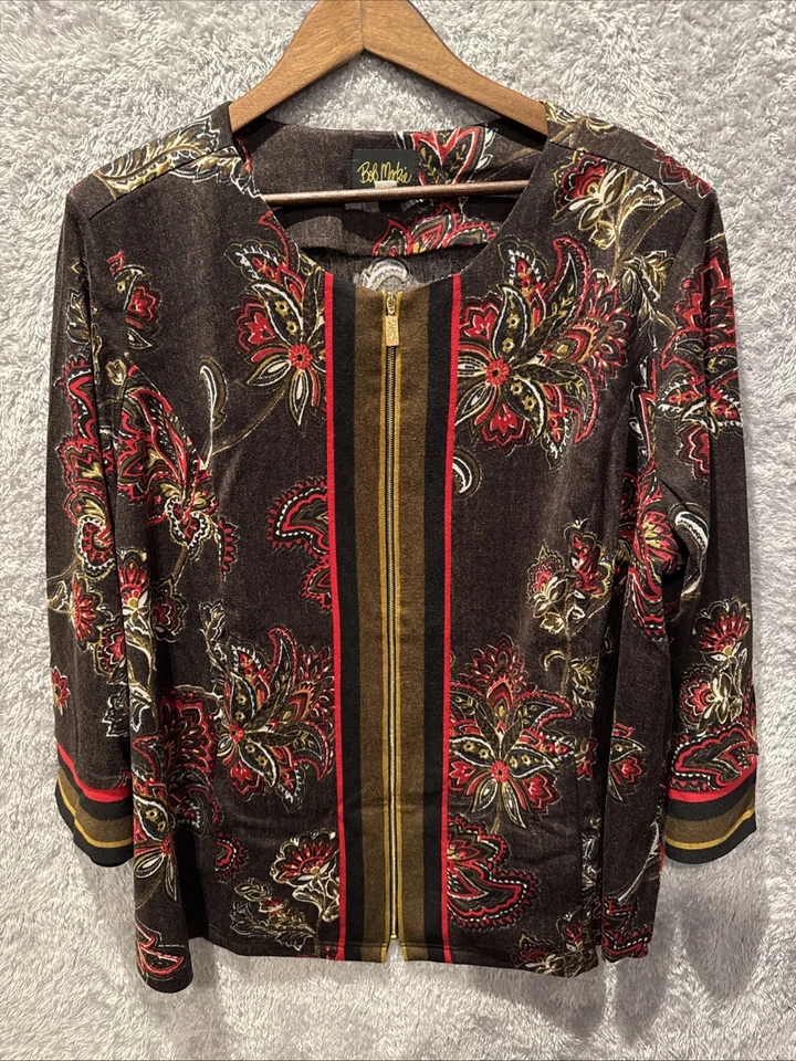 Bob Mackie носимый искусства молнии вниз верхний женщин 3 X коричневый черный красный цветочный пейсли - Изображение 1 из 4