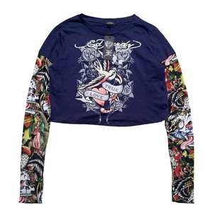 Ed Hardy Skull Tattoo Sleeve Crop T-Shirt Women's Large NWT Skater Y2K - Picture 1 of 6