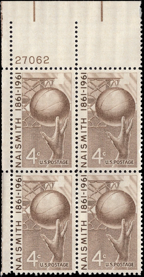 US Scott # 1189, Naismith : Basketball, Plate Block of (4) 1961 4¢ Stamps, MNH - Image 1 of 1
