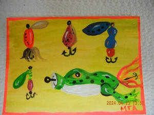 Original ACEO Fishing Lures Acrylic on paper painting - Picture 1 of 3