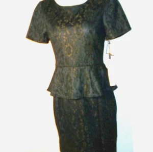 NWT $148.00, UTTAM BOUTIQUE Navy Blue & Black Lace Peplum Dressy Dress Size 6-8  - Picture 1 of 12