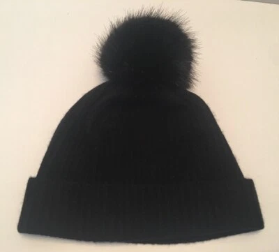 PORTOLANO 100% CACHEMIR Y PIEL SINTÉTICA POM POM MUJER GORRO SOMBRERO NEGRO  Foto 1 de 4