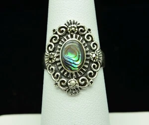 STERLING SILVER ABALONE SHELL WITH BALINESE DESIGN RING SZ 6.75 #F029 - Foto 1 di 5