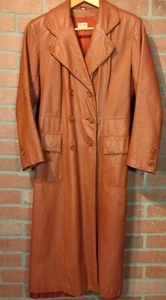Vtg 70's Leather Long Coat Women's Size 8 Retro Brown Button Down Jacket Trench - Picture 1 of 23