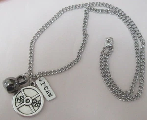 Mens CROSSFIT 45Lb Weight 'I CAN' Gunmetal KETTLEBELL Silver Tone CHAIN NECKLACE - Picture 1 of 5