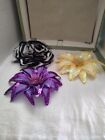 3 Large Flower Hair Clips 5" Yellow Purple Black and White