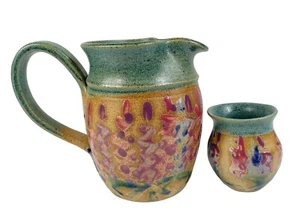 Kunstkeramik Krug mit Tasse signiert großer Griff grün abstrakt 24 Unzen klein 5,5 Zoll - Bild 1 von 12