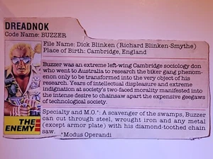 GI G.I. Joe gijoe Vintage Original File Card DREADNOK BUZZER (profile reprint?) - Picture 1 of 1