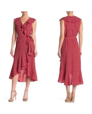 Vestido midi floral novo com etiquetas Max Studio tamanho XS babado crepe alto baixo envoltório vermelho - Imagem 1 de 4