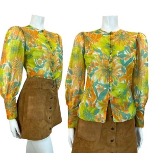 CAMICIA VINTAGE ANNI 60 70 VERDE ARANCIONE PSICHELICA FLOREALE MANICA VESCOVO TAGLIA 10 12 - Foto 1 di 8